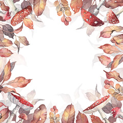 Autumn seasonal card frame with golden fall leaves and amanita mushrooms. Watercolor design for seasonal fall designs, greeting card, tags, backgrounds, postcards.