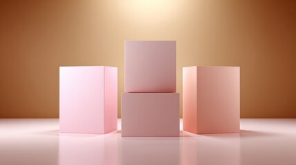Sleek pink rectangular pedestals varying in height positioned on reflective surface with brown background, presenting minimalist product staging environment