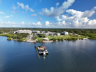 Fototapeta premium An aerial view building a pier after the hurricane 