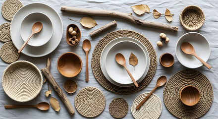 Overhead shot of a rustic table setting with wooden bowls, spoons, plates, woven coasters, and natural elements like twigs and dried leaves arranged on a light fabric.