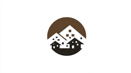 Stylized mountain village resort logo representing tourism, real estate, and holiday rentals, featuring houses and mountains in a circular design