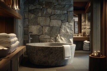 Luxurious stone bathtub in a rustic, spacious bathroom with a stacked stone wall, wooden accents, and plush towels