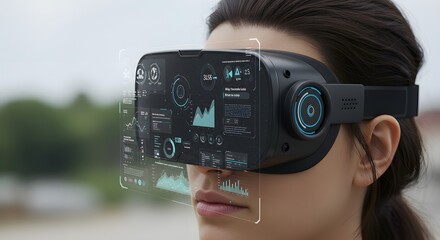 Woman wearing vr headset with futuristic interface overlay displaying data and graphs outdoors close up