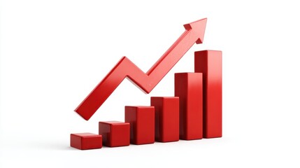 Red arrow ascending over red bar graph displaying upward financial trend, indicating profit increase, market growth, and business success on white backdrop