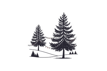 Obraz premium Evergreen trees on a hill with string lights on a white background silhouette