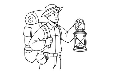 Fototapeta premium Vector illustration of a male hiker with a backpack and vintage lantern, ready for a camping adventure or exploration.