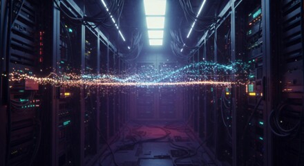 Modern server room with colorful data stream visualization mixing orange and cyan particle effects