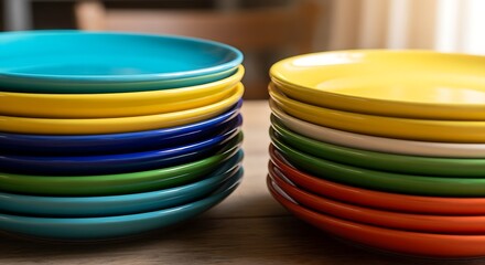 Ceramic plates in vibrant glaze colors stacked nea