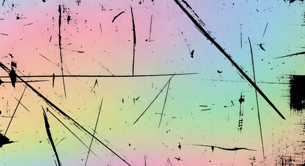 Abstract background with a pastel rainbow gradient and black scratches and grunge textures creating a distressed, aged effect.