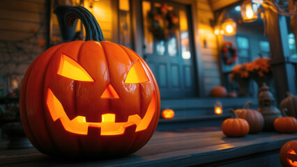 Geschnitzter K&uuml;rbis auf einer Veranda als Dekoration f&uuml;r Halloween