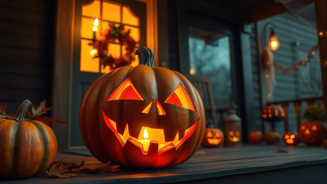 Geschnitzter K&uuml;rbis auf einer Veranda als Dekoration f&uuml;r Halloween