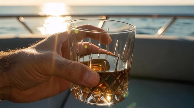 Closeup of successful businessman's hand enjoying premium whiskey on luxury yacht during golden hour sunset creating elegant toast moment