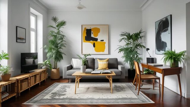 Living room with gray sofa, wooden table, plants, and artwork in a well lit modern interior