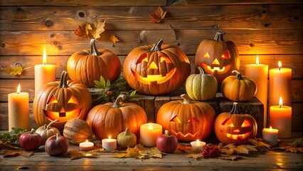 Collection of carved halloween pumpkins with glowing jackolantern faces and candles on a rustic wooden shelf