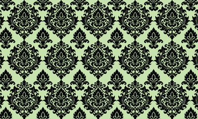 Damask seamless pattern with black floral ornament on light green