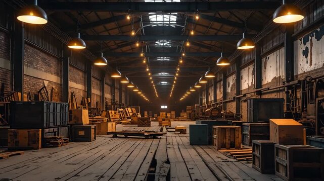 Interior view of a vast warehouse filled with wooden crates and illuminated by hanging lights
