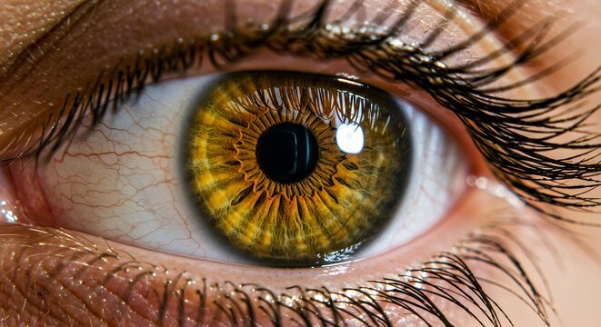 Close-up macro photograph of human hazel eye with detailed iris patterns and long eyelashes