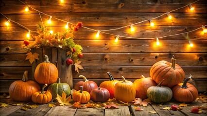 Autumn harvest pumpkins and colorful leaves decorated with warm string lights on a rustic wooden background