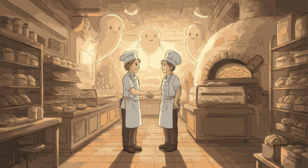 Professional bakers solidify their partnership with a handshake in a cozy, traditional bakery filled with the promise of fresh bread and warm hospitality.