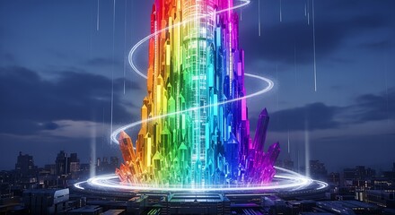 Cyber crystal tower humming in rainbow pulses