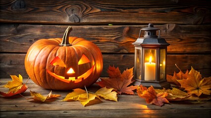 A carved halloween pumpkin with a glowing candle inside a lantern on a wooden surface