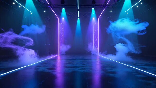 Illuminated stage with neon lights and smoke effects creating a vibrant atmosphere for performance