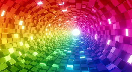 Digital 3D cubes arranged in a rainbow tunnel