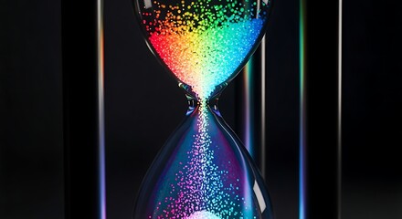 Digital hourglass glowing with rainbow particles