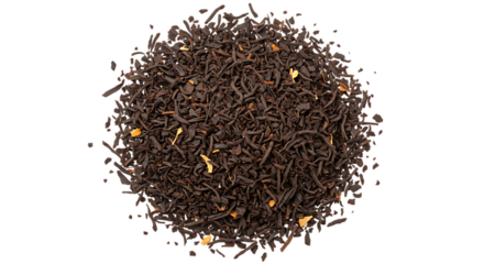 A circular pile of loose tea leaves on a solid black background