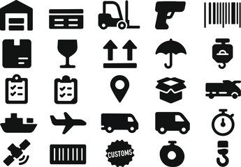 Logistics and Supply Chain Icons Warehouse, Delivery, and Global Shipping Symbols