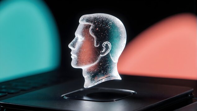 Holographic human head representing AI digital identity