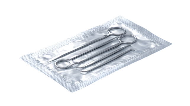 Sterile medical instruments on a sealed foil package ready for surgical procedures and examinations use