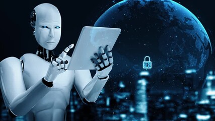 AI robot huminoid uses cloud computing technology to store data on online server . Futuristic concept of cloud information storage analyzed by machine learning process . 3D rendering . - Powered by Adobe