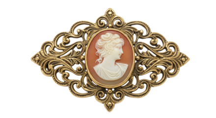 Vintage cameo brooch with ornate golden design png isolated on transparent background