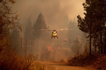 Fototapeta premium A helicopter hurries to assist in extinguishing a wildfire