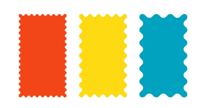 Wavy scallop edge frame. Wave rectangle vintage geometric shape. Scalloped wiggle border. Squiggly clouds square sticker. Empty text box. Vector illustration isolated on white background.