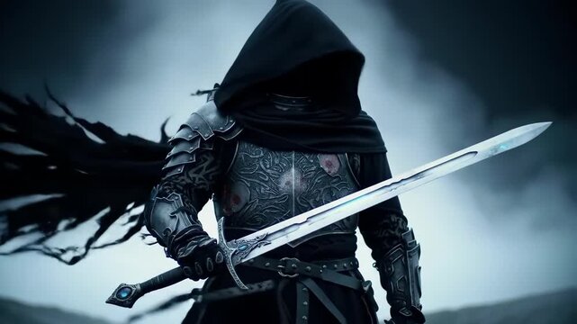 Mysterious Figure in Armor Holding Sword Against a Bleak, Atmospheric Background