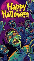 Obraz premium Happy Halloween Halloween Concept Greeting Card with Zombies and Copy, Text. Halloween Post Card with Zombies. Halloween Concept Poster with Copy, Text. Halloween Party Invitation Card.
