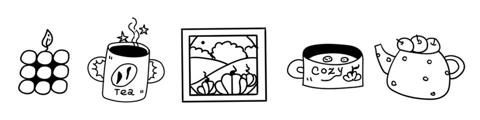 Black and White Autumn Doodle Set, Hand Drawn Fall Clipart