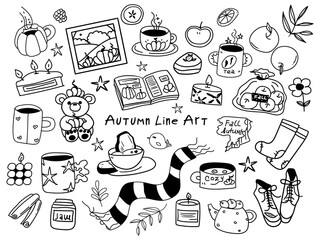 Black and White Autumn Doodle Set, Hand Drawn Fall Clipart