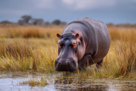 A large hippo is standing and feeding on land in Botswana Africa