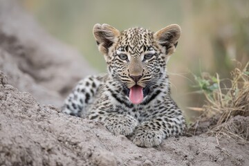 Fototapeta premium A leopard kitten perched on a termite hill tongue exposed ears flattened