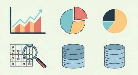 Data visualization elements featuring graph, pie charts, database icons and data analysis
