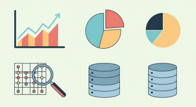 Data visualization elements featuring graph, pie charts, database icons and data analysis