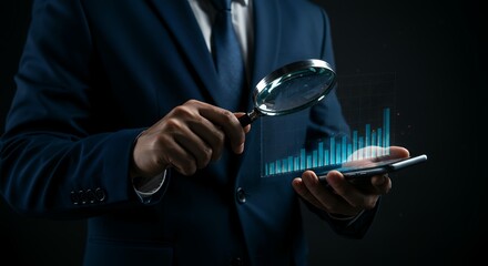 Financial analyst using magnifying glass to analyze business data charts and graphs on digital tablet display