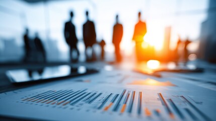 Diverse Business Professionals Collaborating in a Creative Scene with Data Charts and Reports at Sunset