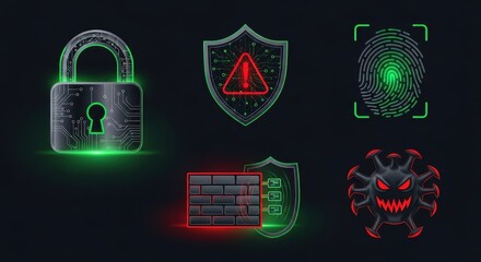 Digital security icons with glowing network design elements for cybersecurity concept