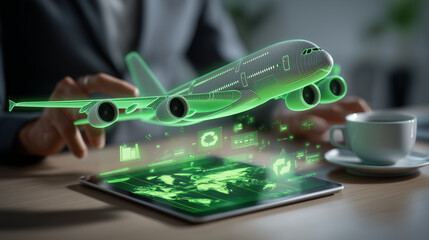 Holographic airplane above tablet with world map and coffee on the table