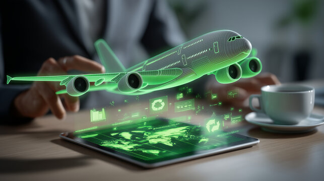 Holographic airplane above tablet with world map and coffee on the table