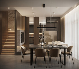 Modern luxury dining and living room interior with minimalist design and cozy atmosphere, 3D render